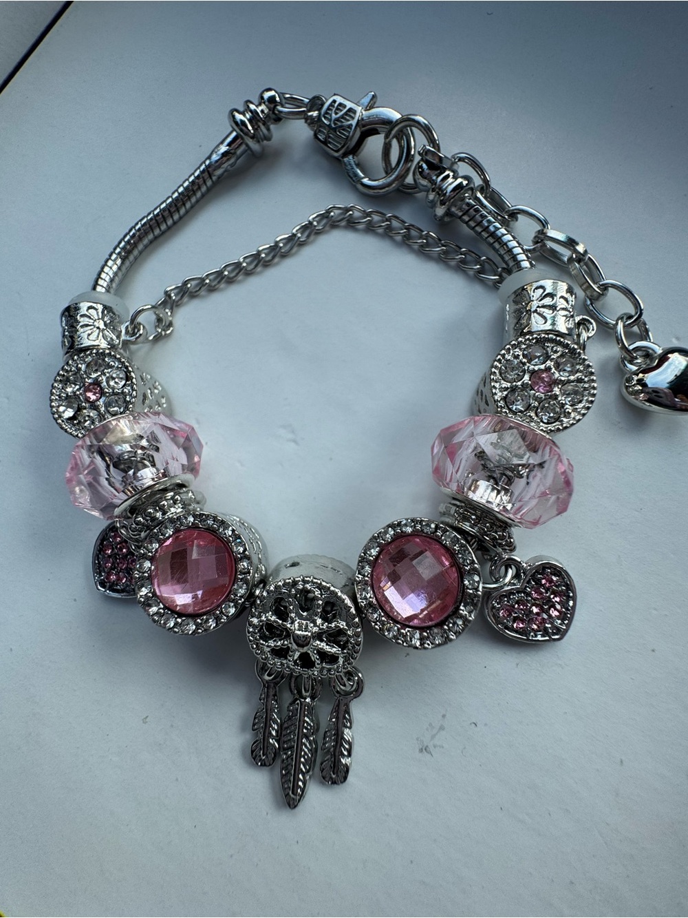 Silver Tone Pink Crystal Charm Bracelet